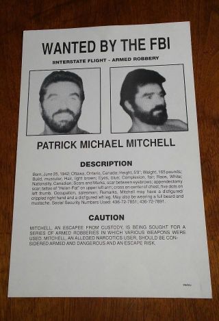 Vintage Patrick Mitchell Fbi Wanted Poster Bank Robber Tv 