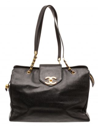 112 - 21 Chanel Black Caviar Leather Vintage Supermodel Tote Bag