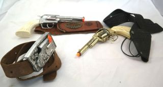 3 Vintage Cap Guns Remington Derringer Matel Pony Boy W Belt Holster