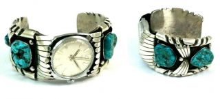 Lrg Thick Vintage Native American Sterling Silver Turquoise Watch Cuff Bracelet