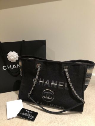 Chanel Deauville Bag Canvas Shopper Medium Tote - Authentic Rare Black Colour