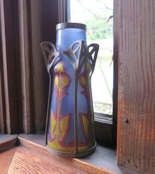 Antique Art Nouveau/jugendstil Enameled Blue Glass Vase With Pewter 1890 - 1910