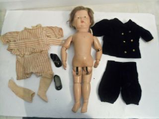 Antique Schoenhut Toddler Doll Wooden - Wig Blue Eyes 5 Pc Body 17in.