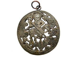 Antique 1800s.  Bronze Religious Medallion,  St.  George Killing The Dragon