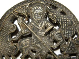 ANTIQUE 1800s.  BRONZE RELIGIOUS MEDALLION,  ST.  GEORGE Killing The DRAGON 2