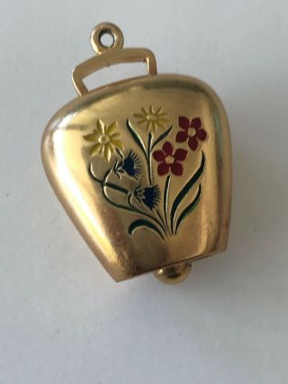 18k Gold Cb 750 Bucherer Swiss Cow Bell Enamel Flower Charm/pendant 5 Gr.  Jingle