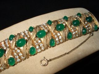 Vintage Ciner Cuff Bracelet Emerald Green Cabochon Stones & Rhinestones