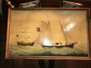 Unsigned American Antique Mid - Late 1800’s Painting Warships And Blockade.