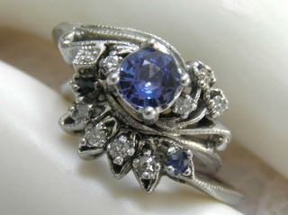 Antique Estate 14kt Wg Sapphire Diamond Engagement Ring Wedding Band Set