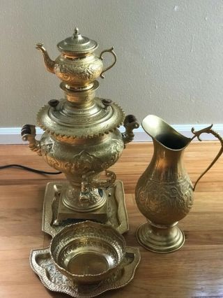 Electric Antique Persian Gold Plated 5 piece Samovar and Tea Set 4