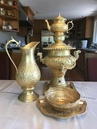 Electric Antique Persian Gold Plated 5 piece Samovar and Tea Set 7