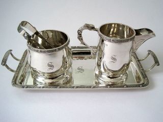 Celtic Design Sterling Silver Tray,  Cream Jug,  Sugar Bowl & Tongs