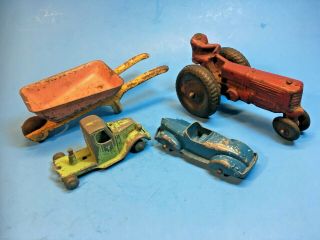 Antique Toys - - - Hard Rubber Tractor,  Cast Metal Truck,  Wheelbarrow,  Car