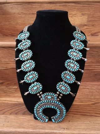 Vntg Victor Moses Begay Navajo Sterling Silver Turquoise Squash Blossom Necklace