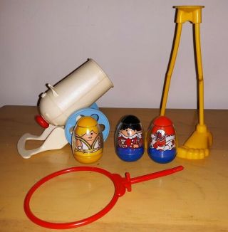 Vintage Hasbro Weeble Circus 1977 Cannon,  Stilts,  Fire Ring,  And 3 Weebles
