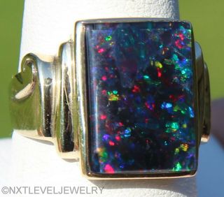 Antique Art Deco Large Rainbow Natural Dark Black Opal 10k Solid Gold Men 