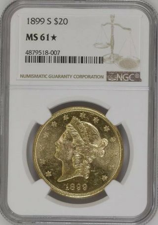 1899 - S $20 Gold Liberty Double Eagle Ngc Ms61⭐️ Rare Star Grade Gold Pl Look