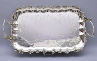 And Large Solid Silver Tray.  Hand Engraved.  1072 Grams.  Length 49 Cm