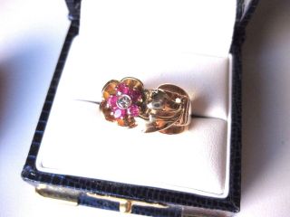 " Retro " 14k 2 - Tone Rose Gold Ring With Diamond & Natural Rubies,  1940 