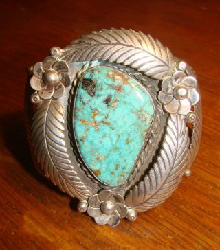 Vintage Signed Outstanding Navajo Sterling Silver And Turquoise Cuff 82 G.