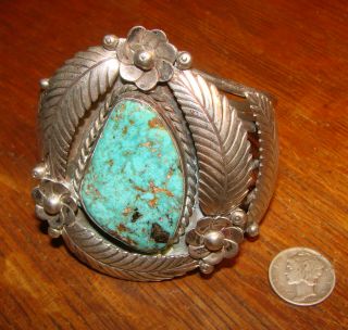 Vintage Signed Outstanding Navajo Sterling Silver and Turquoise Cuff 82 g. 6