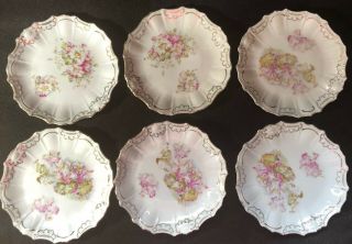 Antique Vintage Porcelain Dessert Plates Pink Floral Shabby Chic Gold Tea Party