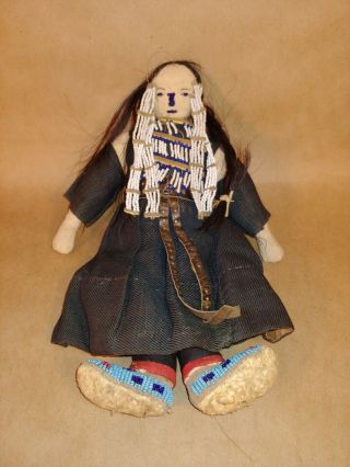 Antique Native American Indian Beaded Cloth Hide Pueblo Doll 1920c 10