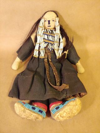 Antique Native American Indian Beaded Cloth Hide Pueblo Doll 1920c 11