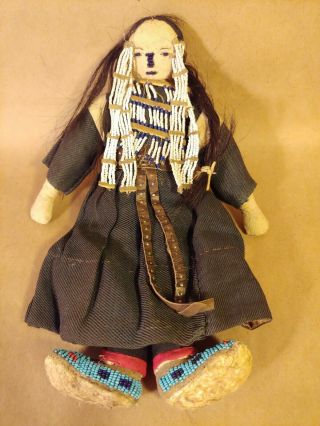 Antique Native American Indian Beaded Cloth Hide Pueblo Doll 1920c 12