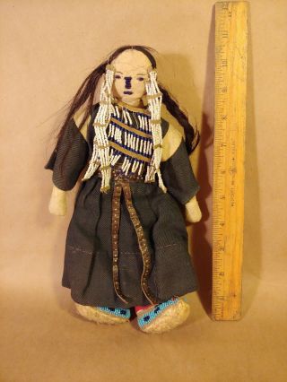 Antique Native American Indian Beaded Cloth Hide Pueblo Doll 1920c 2