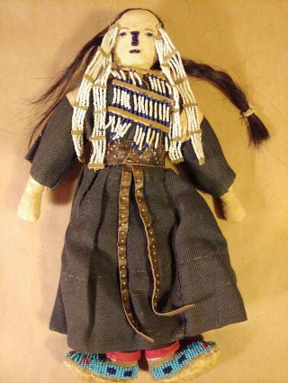 Antique Native American Indian Beaded Cloth Hide Pueblo Doll 1920c 4