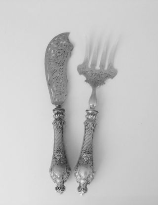 Puiforcat Antique French Sterling Silver Fish Serving Set 2/ps Mascarons