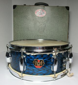 Lyra Blue Tiger Stripe Snare Drum Top Of Line Lions Badge 14 " X 5.  5 " Vintage