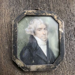 18th Century Georgian Miniature Portrait Silver Frame Gentleman Pendant Cravat