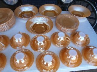 VINTAGE FIRE - KING DISHES ORANGE,  PEACH DINNER PLATES,  CUPS & SAUCERS,  BREAD PLATES, 2