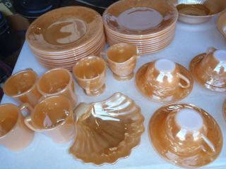 VINTAGE FIRE - KING DISHES ORANGE,  PEACH DINNER PLATES,  CUPS & SAUCERS,  BREAD PLATES, 4
