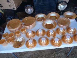 VINTAGE FIRE - KING DISHES ORANGE,  PEACH DINNER PLATES,  CUPS & SAUCERS,  BREAD PLATES, 7