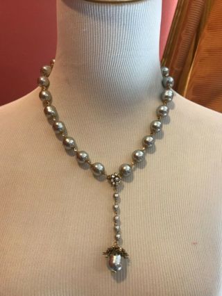 Sign Miriam Haskell Large Baroque Silver Pearls Rhinestone Necklace Jewelry 9