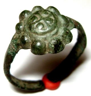 Ancient Rare Medieval Bronze Finger Ring With Cross On Bezel.
