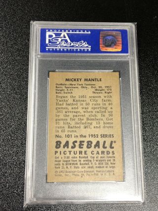 1952 Bowman Mickey Mantle 101 PSA 6 EX - MT Yankees HOF Vintage Baseball CENTERED 2