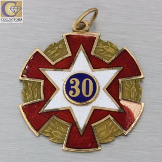 Antique Victorian 14k Solid Yellow Gold Enamel 30 Years Medal Charm Pendant