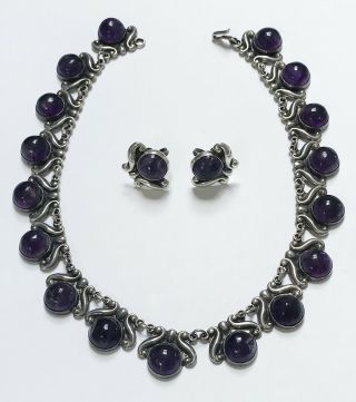Vintage Mexican Taxco Sterling Silver Amethyst Necklace Earrings By Los Castillo