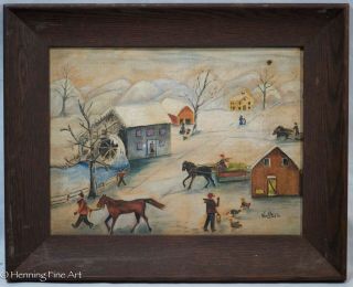 Vintage American Folk Art Painting Winter Landscape With Many Figures,  Signed