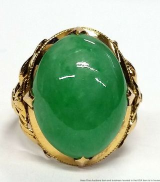 14k Gold Fine Untreated Type A Jadeite Jade Signed Vintage 1950s Chinese Ring