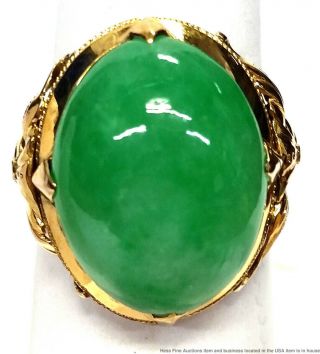14K Gold Fine Untreated Type A Jadeite Jade Signed Vintage 1950s Chinese Ring 2