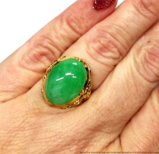 14K Gold Fine Untreated Type A Jadeite Jade Signed Vintage 1950s Chinese Ring 3
