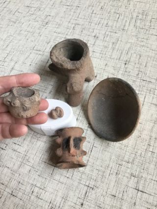 Pre Columbian Pottery Incense Burner,  Ear Spool,  3 Misc Vessels Circa 300bce
