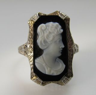 Vintage 14k White Gold Filigree Stone Cameo Ring Black White Antique