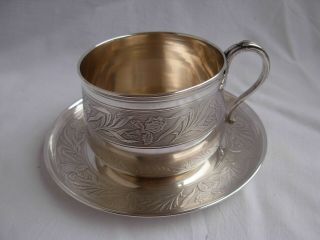 Antique French Sterling Silver Chocolat Cup & Saucer,  Iris Pattern,  Art Nouveau