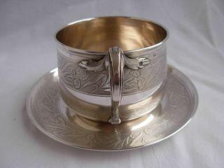 ANTIQUE FRENCH STERLING SILVER CHOCOLAT CUP & SAUCER,  IRIS PATTERN,  ART NOUVEAU 2